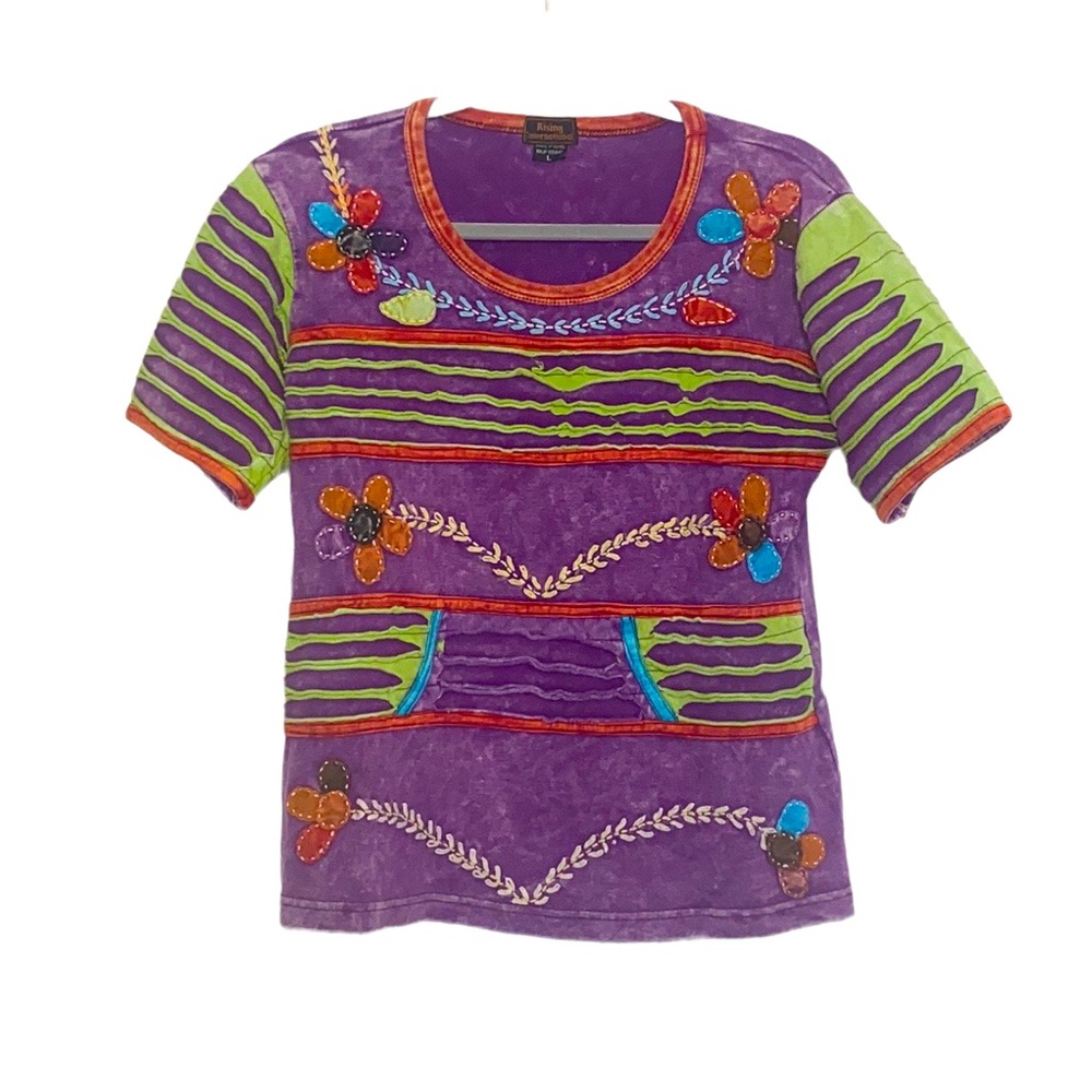 Rising International Women's Purple & Green Floral Cut Out Shirt size Large